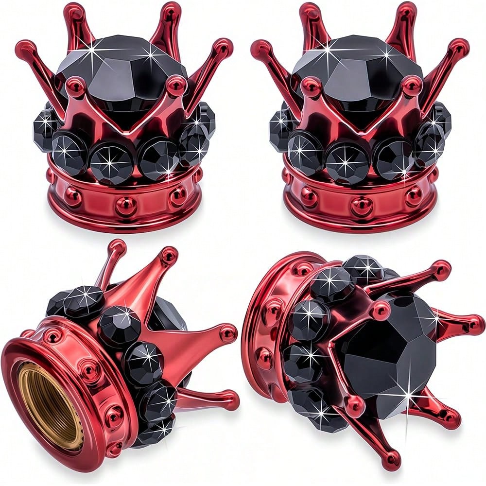 NEW- 4PCS Crown Bling Tire Stem Valve Caps, Crystal Diamond Car Wheel Tire Valve Caps Universal Copper Core Stem Covers For Cars, SUV, Trucks, Bikes, Motorcycles, Bicycles (Red & Black)