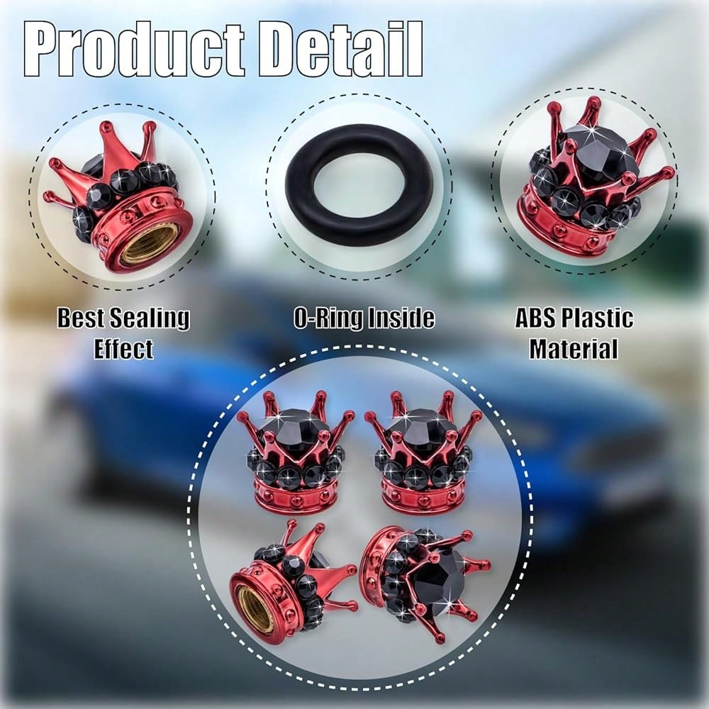 NEW- 4PCS Crown Bling Tire Stem Valve Caps, Crystal Diamond Car Wheel Tire Valve Caps Universal Copper Core Stem Covers For Cars, SUV, Trucks, Bikes, Motorcycles, Bicycles (Red & Black)