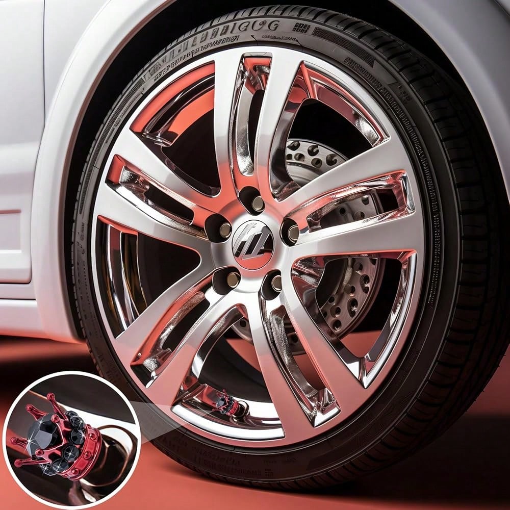 NEW- 4PCS Crown Bling Tire Stem Valve Caps, Crystal Diamond Car Wheel Tire Valve Caps Universal Copper Core Stem Covers For Cars, SUV, Trucks, Bikes, Motorcycles, Bicycles (Red & Black)