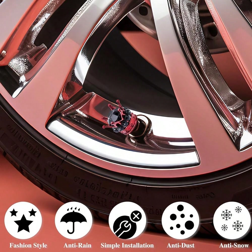 NEW- 4PCS Crown Bling Tire Stem Valve Caps, Crystal Diamond Car Wheel Tire Valve Caps Universal Copper Core Stem Covers For Cars, SUV, Trucks, Bikes, Motorcycles, Bicycles (Red & Black)