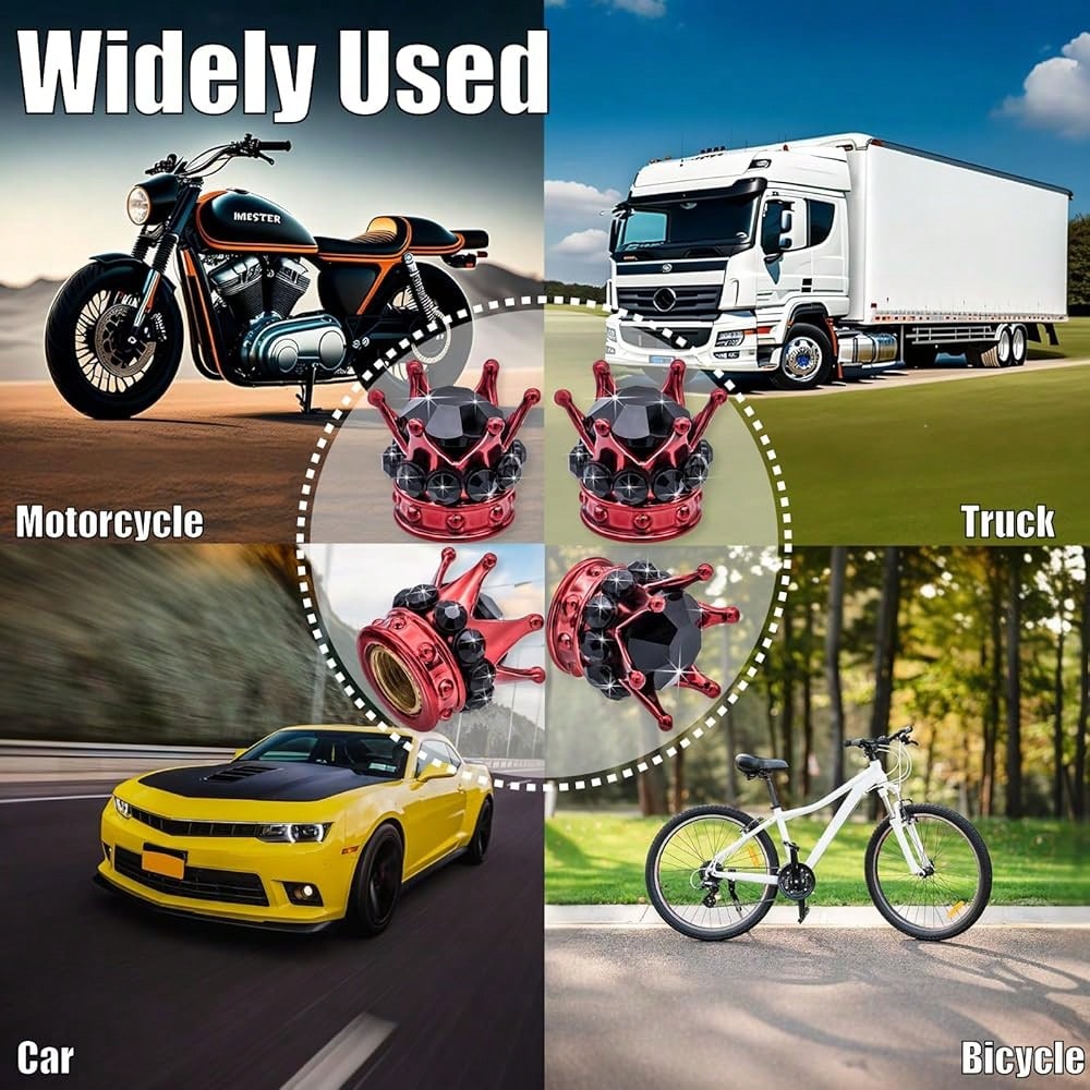 NEW- 4PCS Crown Bling Tire Stem Valve Caps, Crystal Diamond Car Wheel Tire Valve Caps Universal Copper Core Stem Covers For Cars, SUV, Trucks, Bikes, Motorcycles, Bicycles (Red & Black)