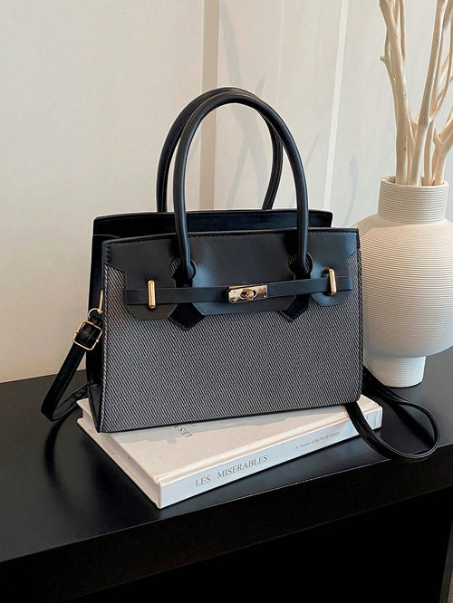 New Canvas Patchwork Contrast Color Handbag For Women, Metal Lock Small Square Bag, Premium Daily Commute Crossbody Bag