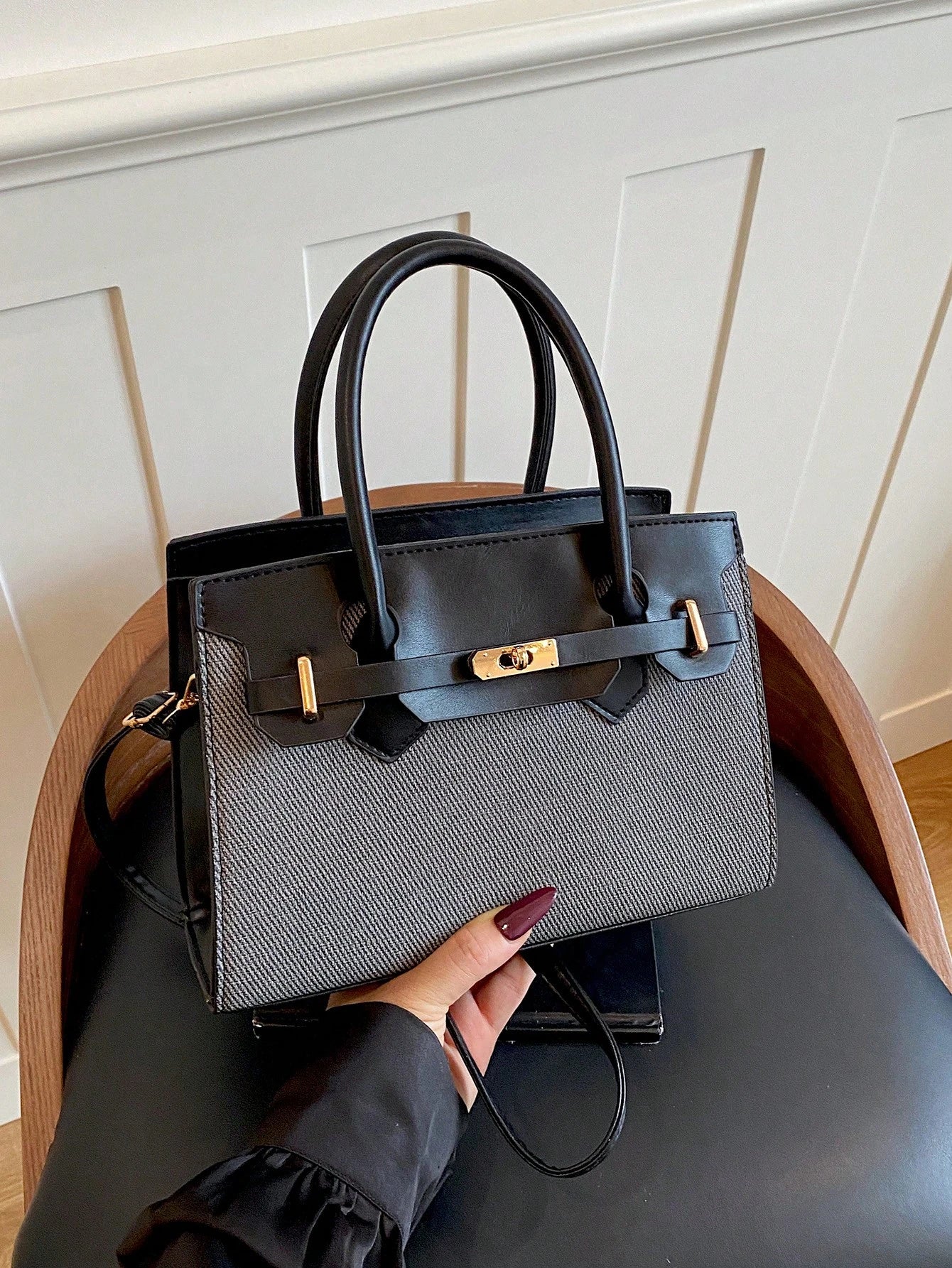 New Canvas Patchwork Contrast Color Handbag For Women, Metal Lock Small Square Bag, Premium Daily Commute Crossbody Bag