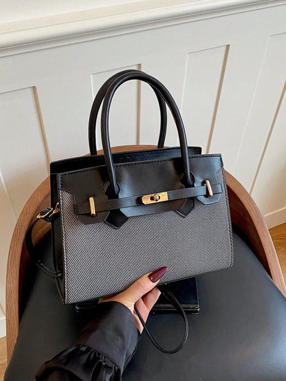 New Canvas Patchwork Contrast Color Handbag For Women, Metal Lock Small Square Bag, Premium Daily Commute Crossbody Bag