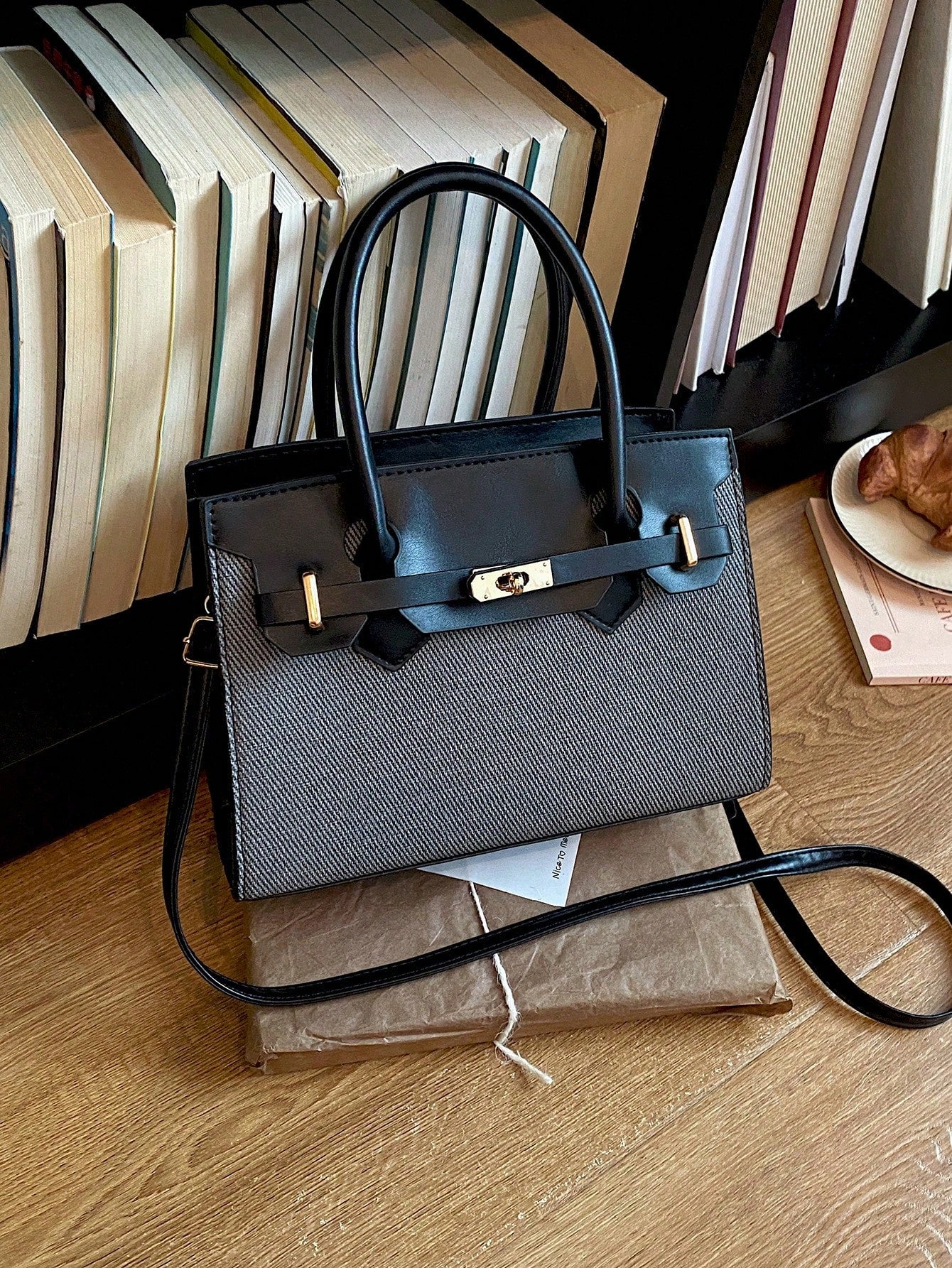 New Canvas Patchwork Contrast Color Handbag For Women, Metal Lock Small Square Bag, Premium Daily Commute Crossbody Bag