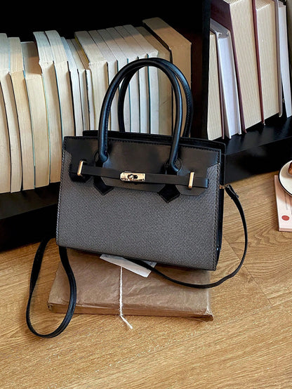 New Canvas Patchwork Contrast Color Handbag For Women, Metal Lock Small Square Bag, Premium Daily Commute Crossbody Bag