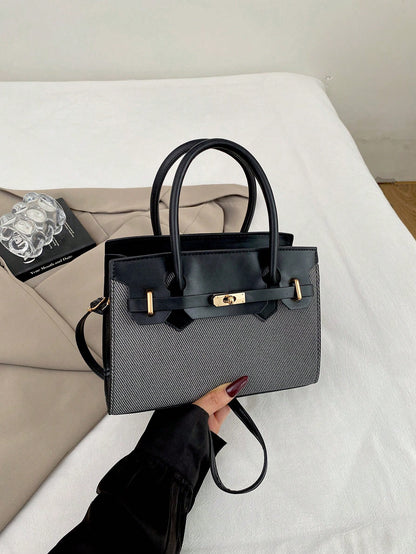 New Canvas Patchwork Contrast Color Handbag For Women, Metal Lock Small Square Bag, Premium Daily Commute Crossbody Bag