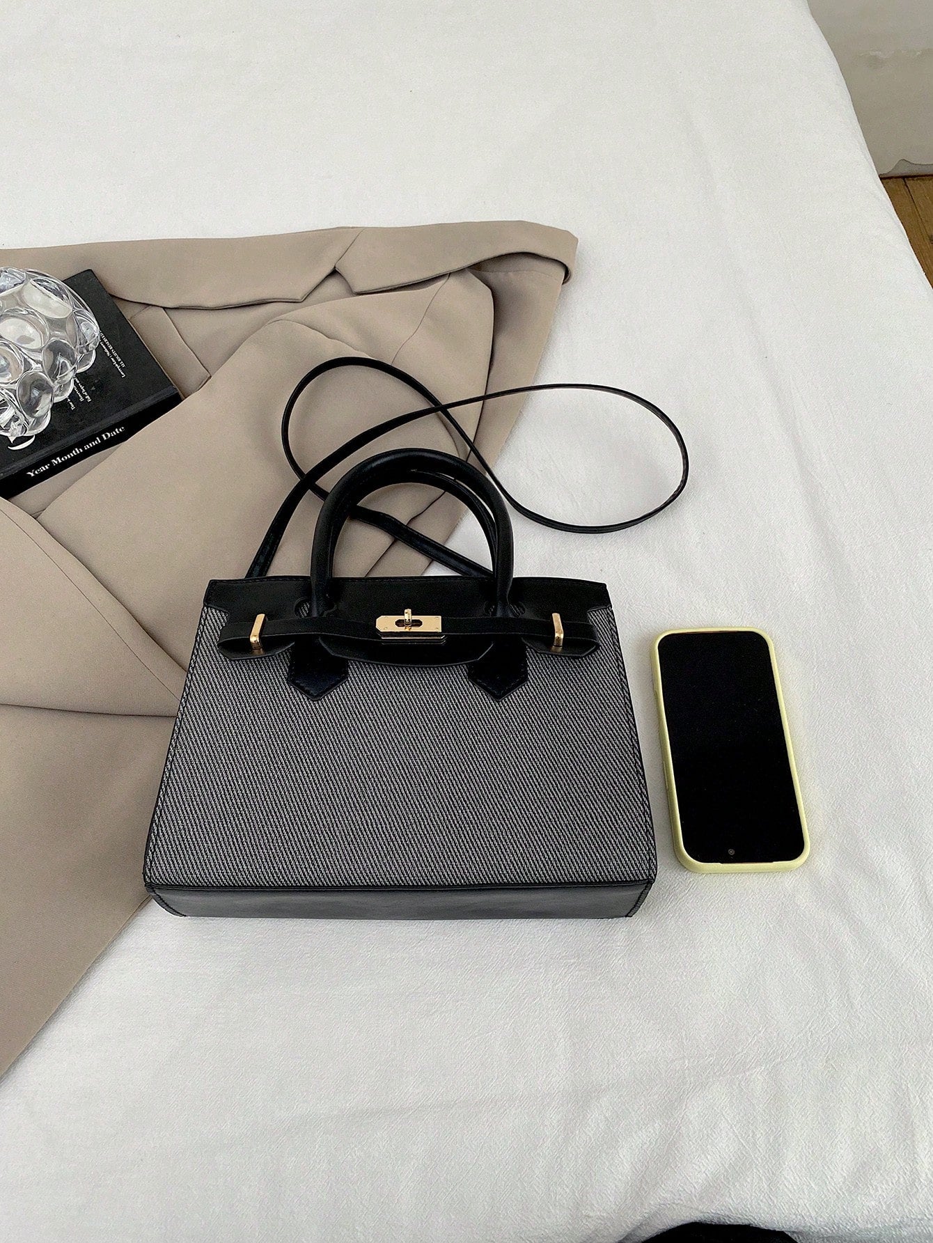 New Canvas Patchwork Contrast Color Handbag For Women, Metal Lock Small Square Bag, Premium Daily Commute Crossbody Bag
