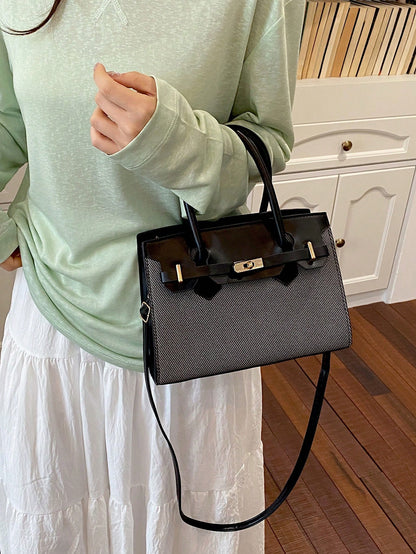 New Canvas Patchwork Contrast Color Handbag For Women, Metal Lock Small Square Bag, Premium Daily Commute Crossbody Bag