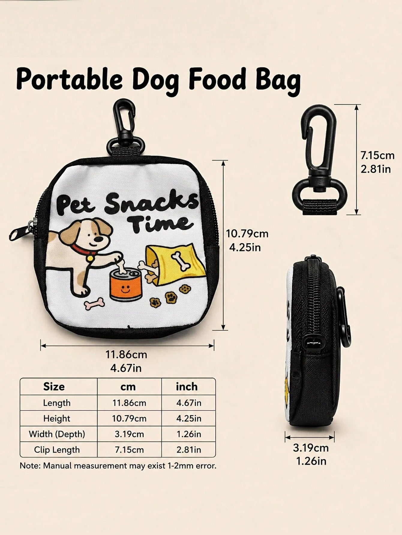 New Cartoon Print Creative Large Capacity Dog Treat Storage Bag Keychain, Portable Outdoor Pet Treat Bag, Suitable For Training And Dog Walking