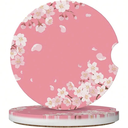 NEW- Cherry Blossom Car Coasters For Cup Holders,2 Pack Car Cup Holder Coasters For Car,Ceramic Absorbent Car Coaster With A Finger Notch And Cork Base,Car Interior Accessories For Women Men