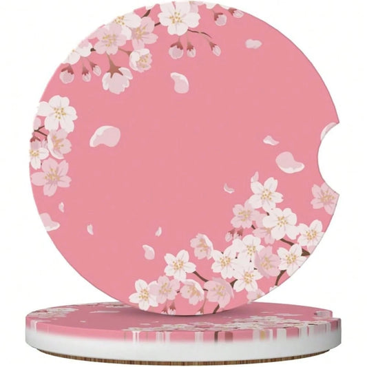 NEW- Cherry Blossom Car Coasters For Cup Holders,2 Pack Car Cup Holder Coasters For Car,Ceramic Absorbent Car Coaster With A Finger Notch And Cork Base,Car Interior Accessories For Women Men