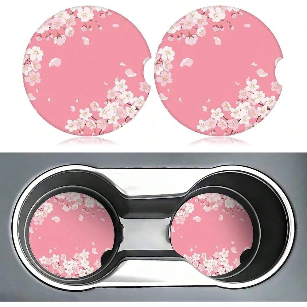 NEW- Cherry Blossom Car Coasters For Cup Holders,2 Pack Car Cup Holder Coasters For Car,Ceramic Absorbent Car Coaster With A Finger Notch And Cork Base,Car Interior Accessories For Women Men