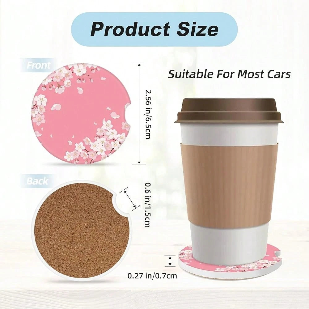 NEW- Cherry Blossom Car Coasters For Cup Holders,2 Pack Car Cup Holder Coasters For Car,Ceramic Absorbent Car Coaster With A Finger Notch And Cork Base,Car Interior Accessories For Women Men