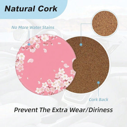 NEW- Cherry Blossom Car Coasters For Cup Holders,2 Pack Car Cup Holder Coasters For Car,Ceramic Absorbent Car Coaster With A Finger Notch And Cork Base,Car Interior Accessories For Women Men