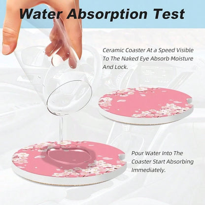 NEW- Cherry Blossom Car Coasters For Cup Holders,2 Pack Car Cup Holder Coasters For Car,Ceramic Absorbent Car Coaster With A Finger Notch And Cork Base,Car Interior Accessories For Women Men