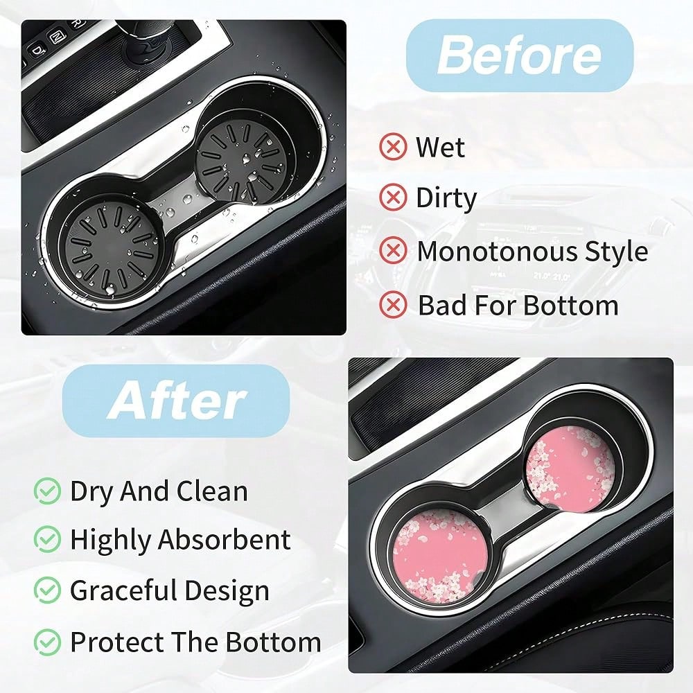 NEW- Cherry Blossom Car Coasters For Cup Holders,2 Pack Car Cup Holder Coasters For Car,Ceramic Absorbent Car Coaster With A Finger Notch And Cork Base,Car Interior Accessories For Women Men