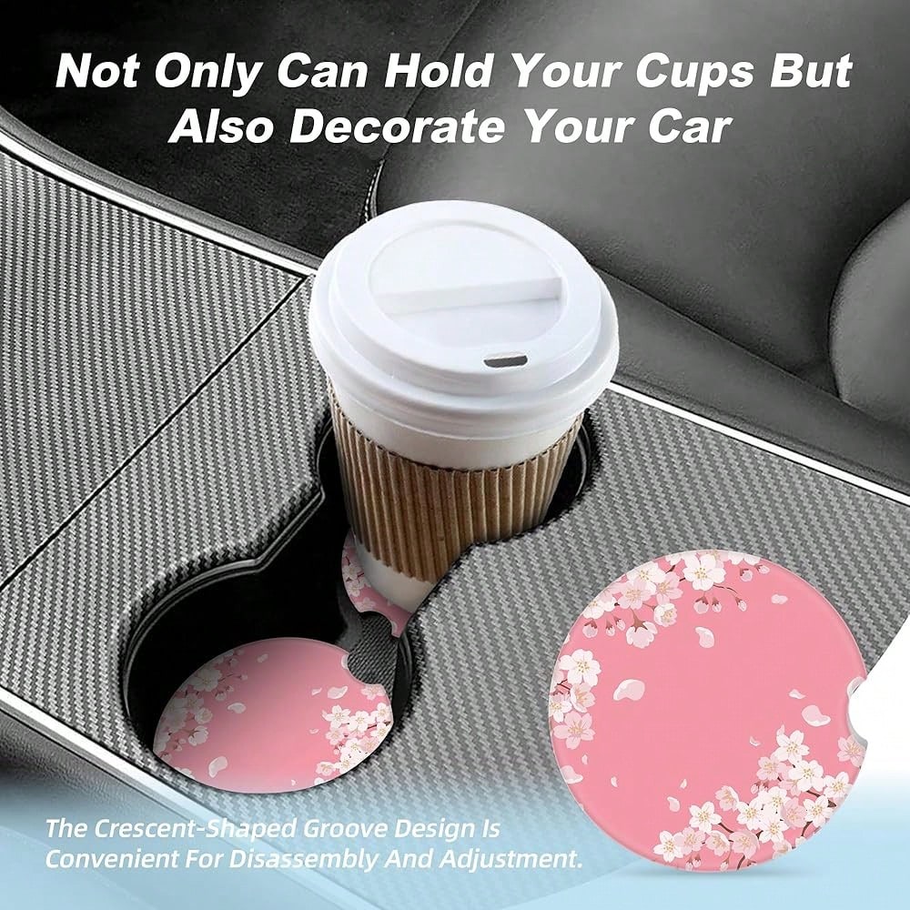 NEW- Cherry Blossom Car Coasters For Cup Holders,2 Pack Car Cup Holder Coasters For Car,Ceramic Absorbent Car Coaster With A Finger Notch And Cork Base,Car Interior Accessories For Women Men
