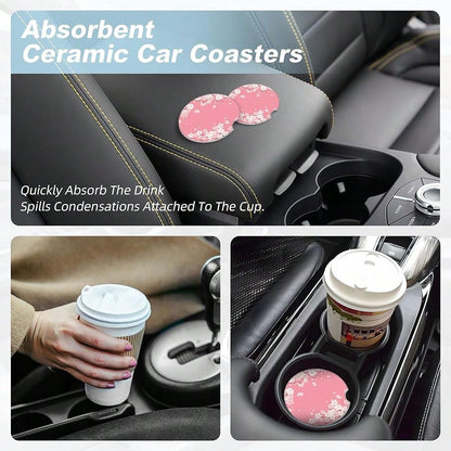 NEW- Cherry Blossom Car Coasters For Cup Holders,2 Pack Car Cup Holder Coasters For Car,Ceramic Absorbent Car Coaster With A Finger Notch And Cork Base,Car Interior Accessories For Women Men