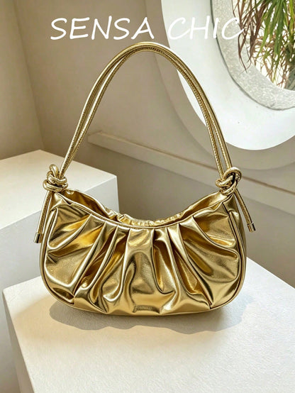 New Classic Versatile Solid Color PU Waterproof Pleated Design Underarm Baguette Bag, Zipper Closure Shoulder Crescent Bag, Streetwear Style Women's Gold Handbag, Suitable For Shopping, Commuting To W