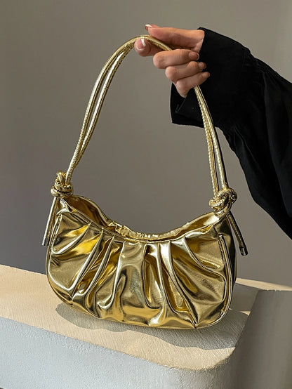 New Classic Versatile Solid Color PU Waterproof Pleated Design Underarm Baguette Bag, Zipper Closure Shoulder Crescent Bag, Streetwear Style Women's Gold Handbag, Suitable For Shopping, Commuting To W
