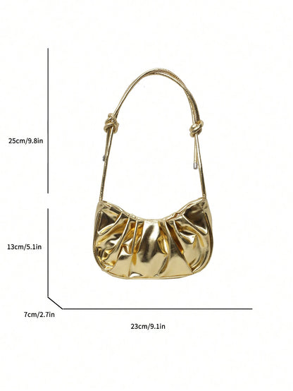 New Classic Versatile Solid Color PU Waterproof Pleated Design Underarm Baguette Bag, Zipper Closure Shoulder Crescent Bag, Streetwear Style Women's Gold Handbag, Suitable For Shopping, Commuting To W