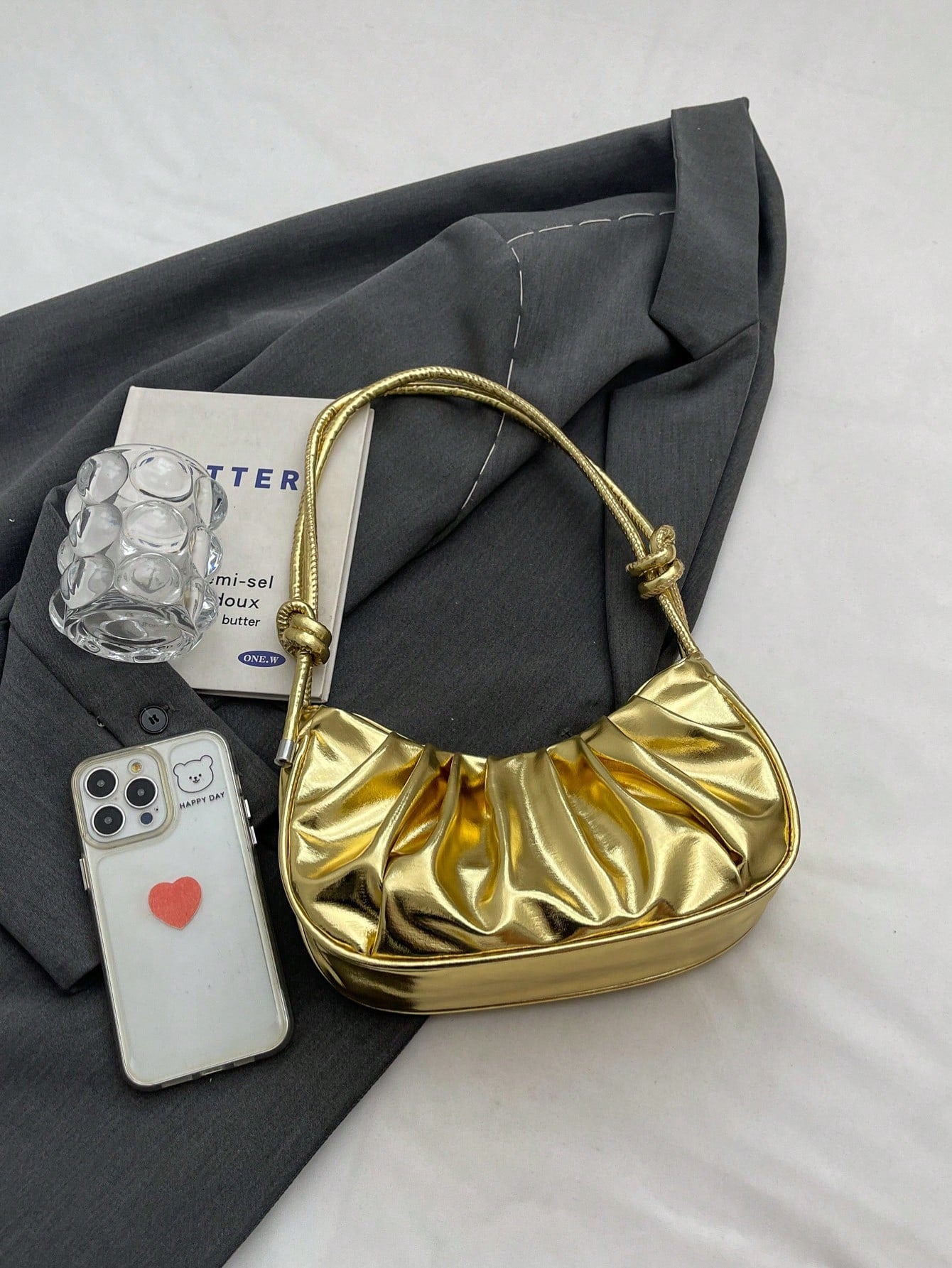 New Classic Versatile Solid Color PU Waterproof Pleated Design Underarm Baguette Bag, Zipper Closure Shoulder Crescent Bag, Streetwear Style Women's Gold Handbag, Suitable For Shopping, Commuting To W