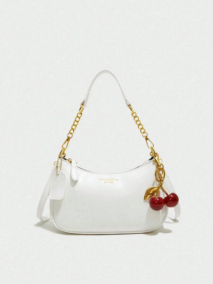 New Fashion,Classic Wild Letter Pattern,Solid Color, White Shoulder Crescent Bag Underarm Bag Is Suitable For Shopping And Can Be Slung.Cherry Pendant