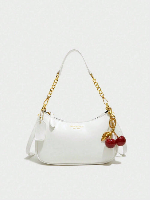 New Fashion,Classic Wild Letter Pattern,Solid Color, White Shoulder Crescent Bag Underarm Bag Is Suitable For Shopping And Can Be Slung.Cherry Pendant