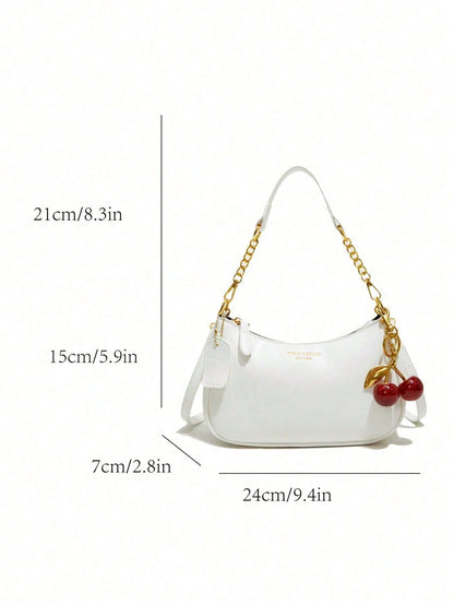 New Fashion,Classic Wild Letter Pattern,Solid Color, White Shoulder Crescent Bag Underarm Bag Is Suitable For Shopping And Can Be Slung.Cherry Pendant