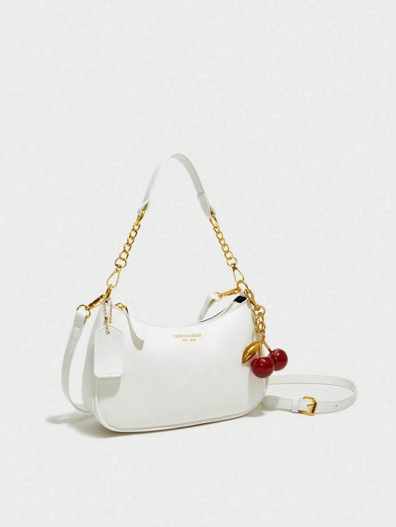 New Fashion,Classic Wild Letter Pattern,Solid Color, White Shoulder Crescent Bag Underarm Bag Is Suitable For Shopping And Can Be Slung.Cherry Pendant