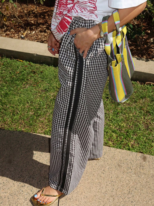 New Fashionable Elegant Elastic Waist Striped Casual Pants, Suitable For Vacation, Holiday, School, Daily Wear, And Dates Black