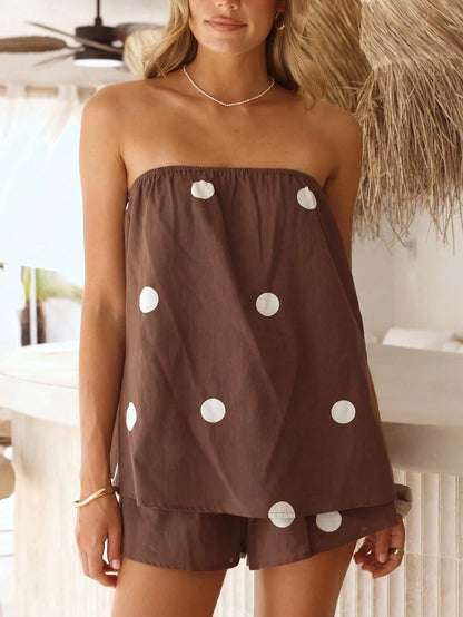 New Fashionable Elegant Polka Dot Print Camisole Top & Loose Shorts Set, Casual Beach Holiday Daily Garden Maternity Outfit Summer, Vacationcore Brown, Boho Chic