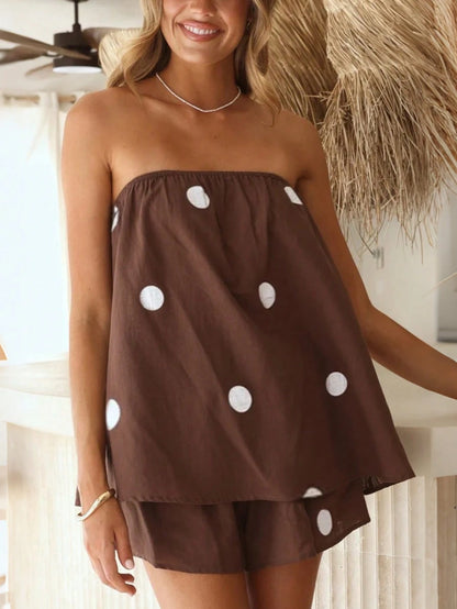 New Fashionable Elegant Polka Dot Print Camisole Top & Loose Shorts Set, Casual Beach Holiday Daily Garden Maternity Outfit Summer, Vacationcore Brown, Boho Chic