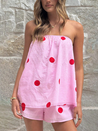 New Fashionable Elegant Polka Dot Print Camisole Top & Loose Shorts Set, Casual Beach Holiday Daily Garden Maternity Outfit Summer, Vacationcore Brown, Boho Chic