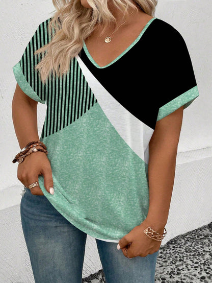 New Fashionable Plus Size Women V-Neck Loose Print Short Sleeve T-Shirt
