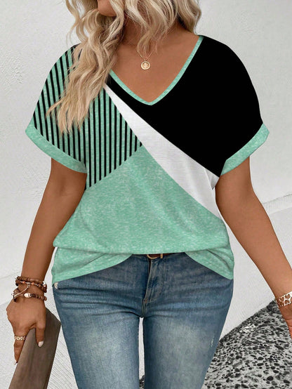 New Fashionable Plus Size Women V-Neck Loose Print Short Sleeve T-Shirt