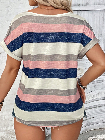 New Fashionable Plus Size Women V-Neck Loose Print Short Sleeve T-Shirt