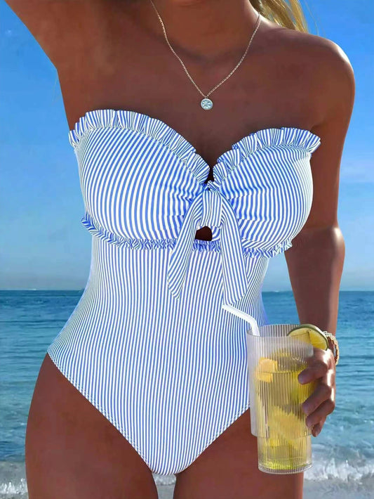 New Fashionable Sexy Elegant Striped Lace Ruffle Bust Bow Detachable Strap One-Piece Swimsuit For Beach, Pool Party, Vacation Summer, Resort Wear