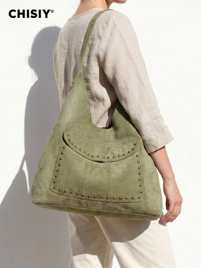 New Green Metal Stud Decor Large Pocket Tote Bag, High Capacity Wide Strap Shoulder Bag, Commuter Travel Multi-Function Storage Bag, All Season