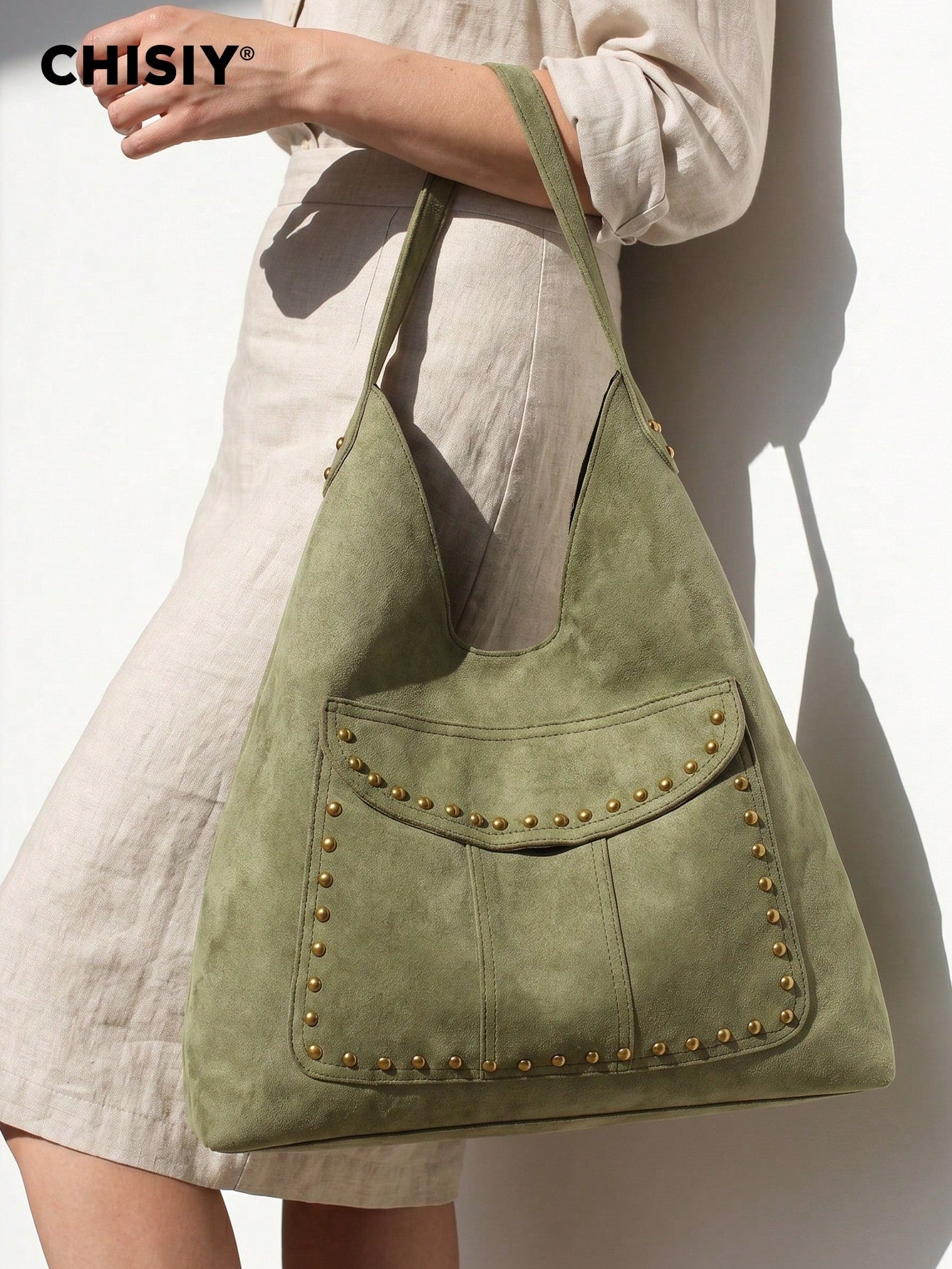New Green Metal Stud Decor Large Pocket Tote Bag, High Capacity Wide Strap Shoulder Bag, Commuter Travel Multi-Function Storage Bag, All Season