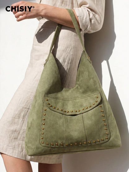 New Green Metal Stud Decor Large Pocket Tote Bag, High Capacity Wide Strap Shoulder Bag, Commuter Travel Multi-Function Storage Bag, All Season