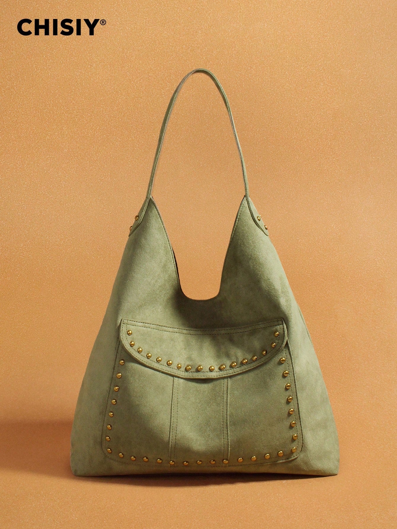 New Green Metal Stud Decor Large Pocket Tote Bag, High Capacity Wide Strap Shoulder Bag, Commuter Travel Multi-Function Storage Bag, All Season