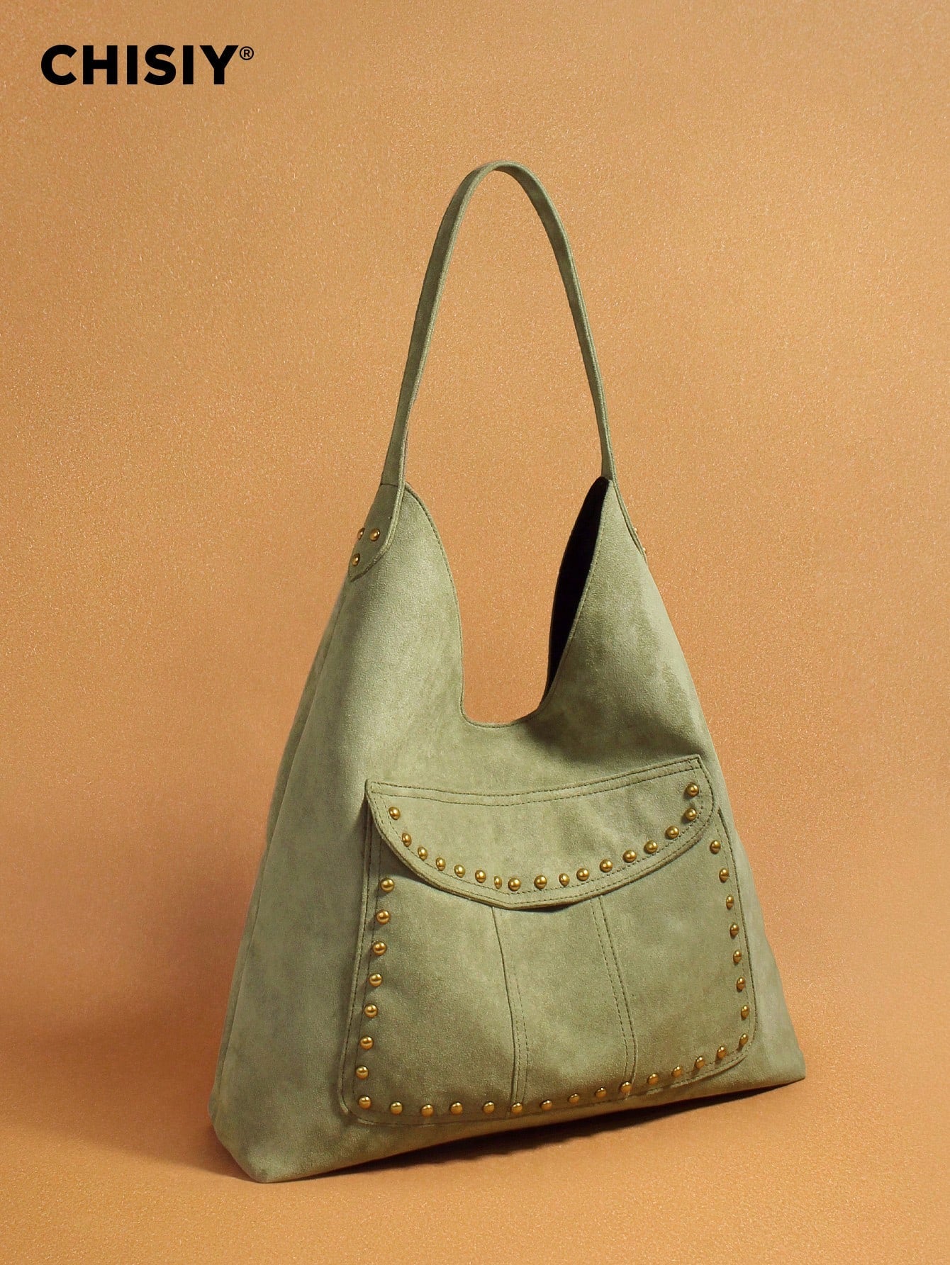 New Green Metal Stud Decor Large Pocket Tote Bag, High Capacity Wide Strap Shoulder Bag, Commuter Travel Multi-Function Storage Bag, All Season