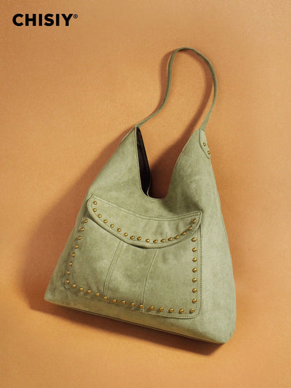 New Green Metal Stud Decor Large Pocket Tote Bag, High Capacity Wide Strap Shoulder Bag, Commuter Travel Multi-Function Storage Bag, All Season