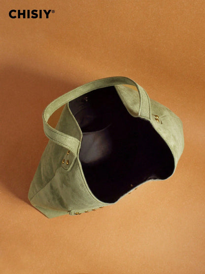 New Green Metal Stud Decor Large Pocket Tote Bag, High Capacity Wide Strap Shoulder Bag, Commuter Travel Multi-Function Storage Bag, All Season