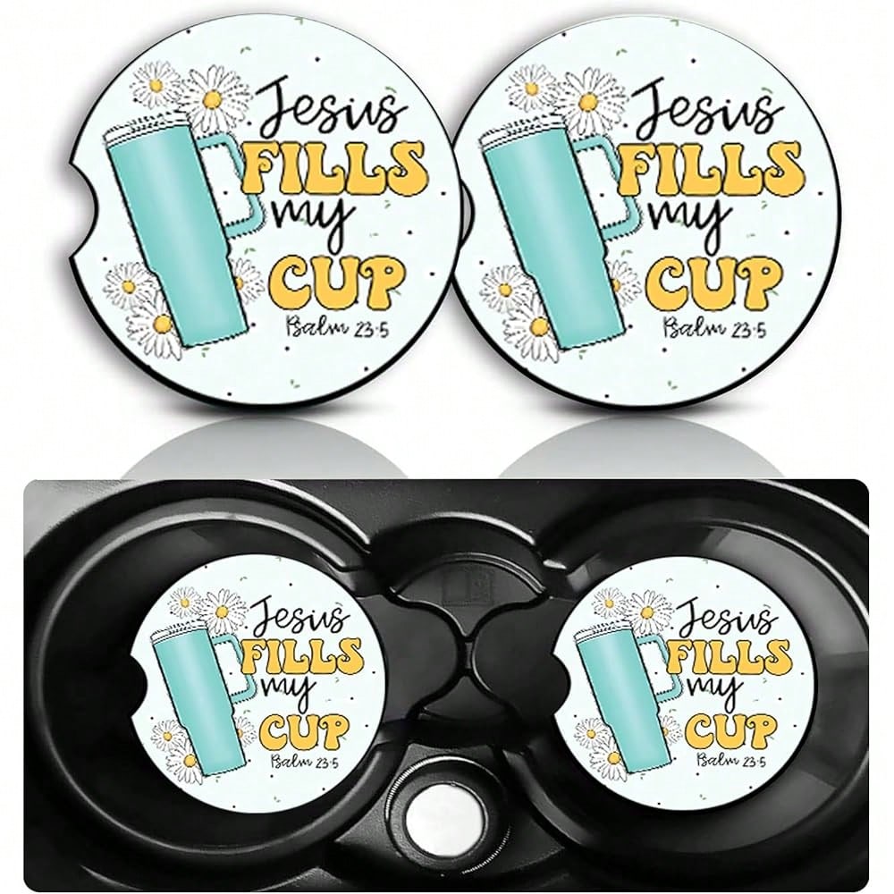 NEW- Jesus Fills My Cup Car Cup Holder Coasters Set Of 2,Religious Car Accessories 2.75" Universal Size Anti Slip Rubber Mat Recessed Auto Insert Coasters Decor Christian Gifts For Women Men Dad Grand