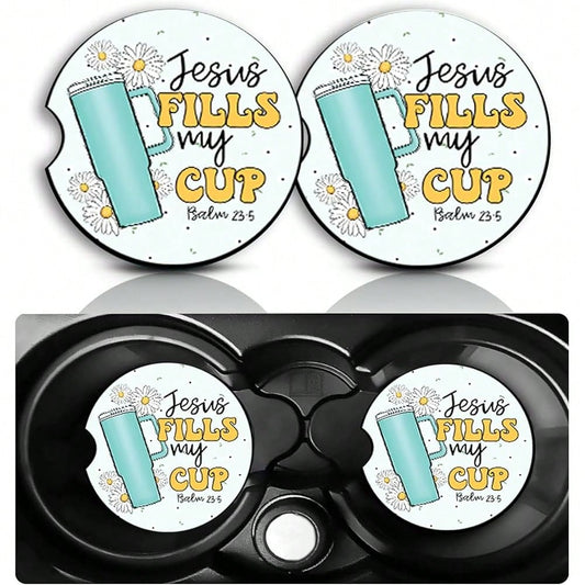 NEW- Jesus Fills My Cup Car Cup Holder Coasters Set Of 2,Religious Car Accessories 2.75" Universal Size Anti Slip Rubber Mat Recessed Auto Insert Coasters Decor Christian Gifts For Women Men Dad Grand
