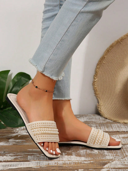 New Plus Size Luxury Anti-Slip Square Toe Mule Rhinestone & Pearl Embellished Fashion Versatile Women Beach Vacation Sandals,Spring Summer Outfits
