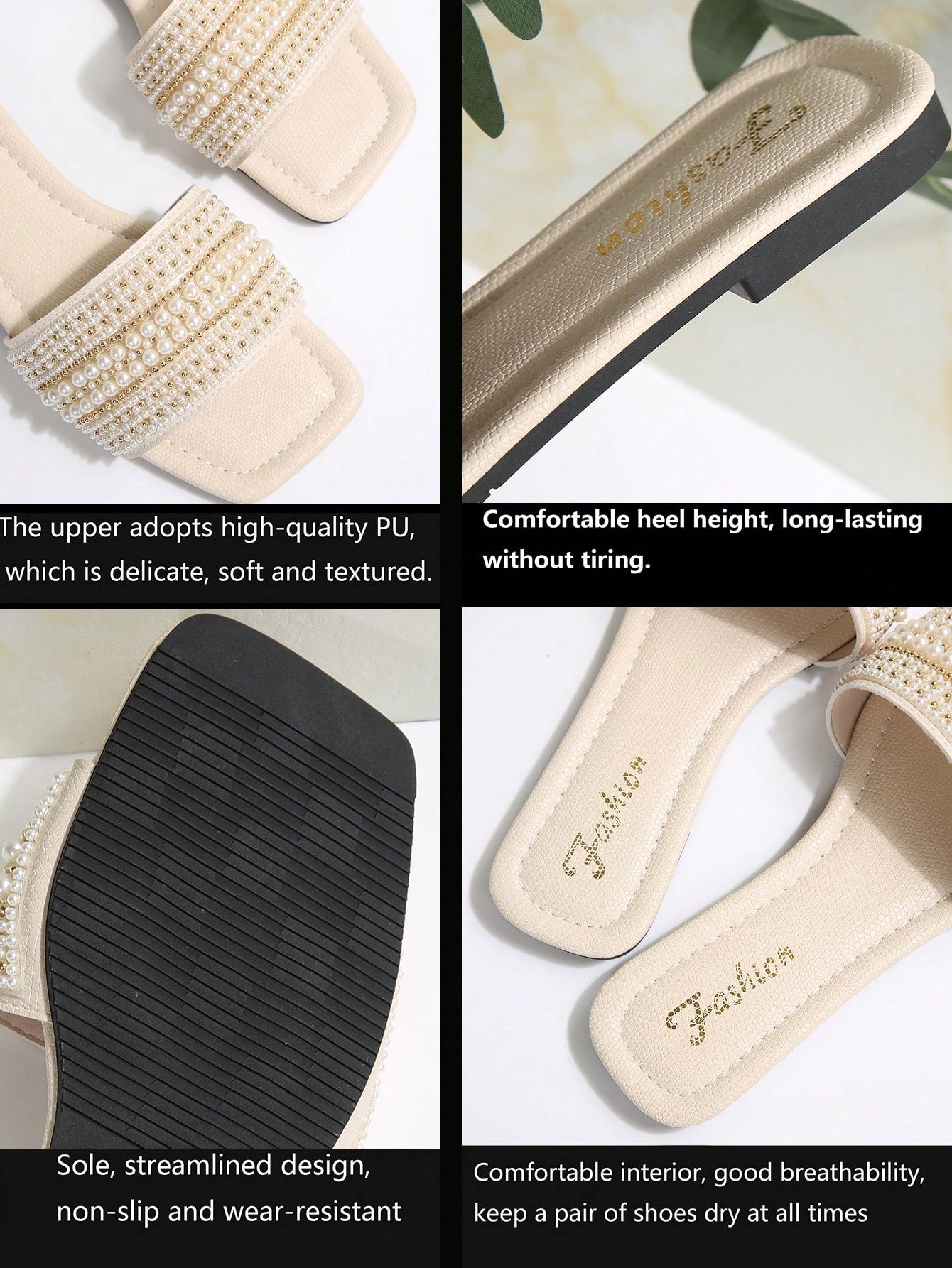 New Plus Size Luxury Anti-Slip Square Toe Mule Rhinestone & Pearl Embellished Fashion Versatile Women Beach Vacation Sandals,Spring Summer Outfits